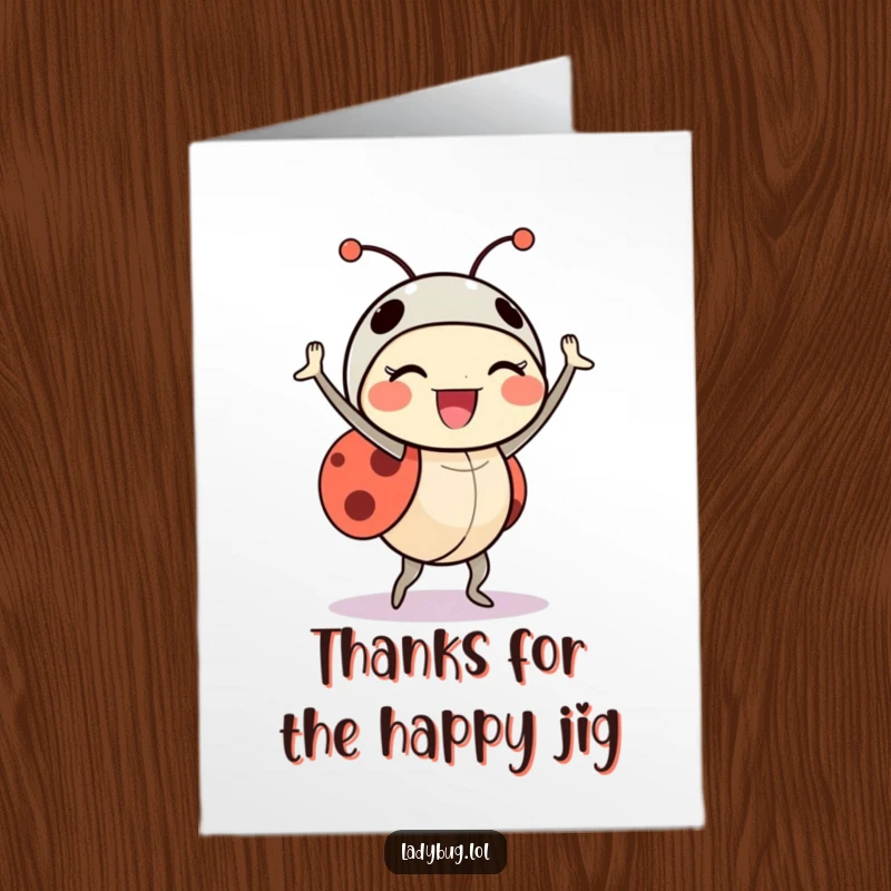 Funny Free Printable Thank You Card: A delighted ladybug character dances triumphantly, showing happy appreciation.