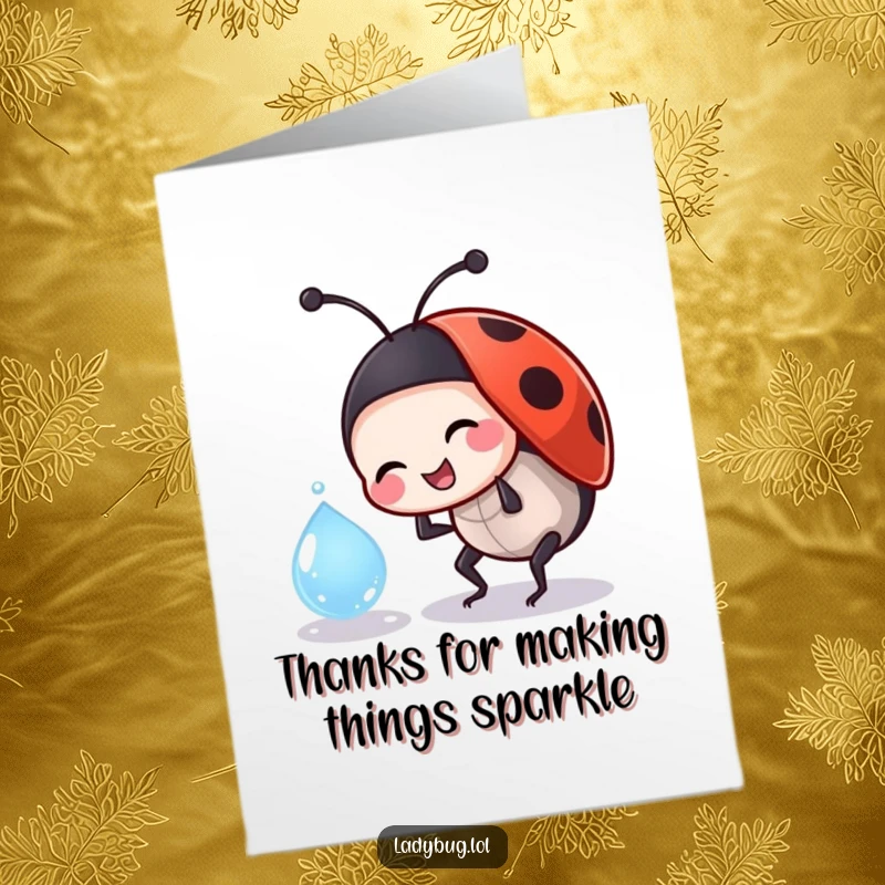 Funny Free Printable Thank You Card: A jovial ladybug character playfully bumps a dewdrop, adding a touch of light to thanks.