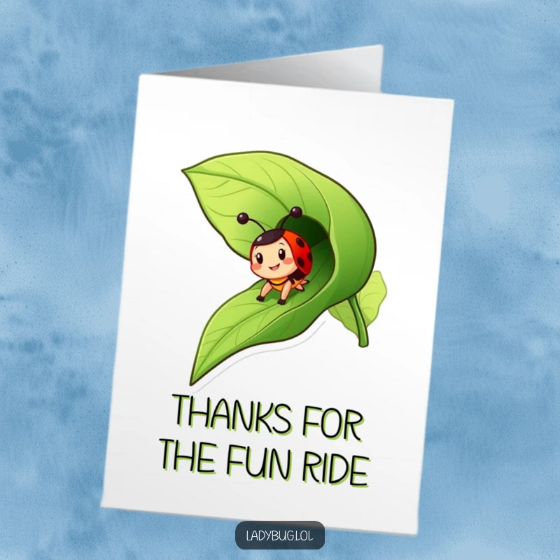 Funny Free Printable Thank You Card: A cheerful ladybug character slides down a leaf, expressing thanks with glee.
