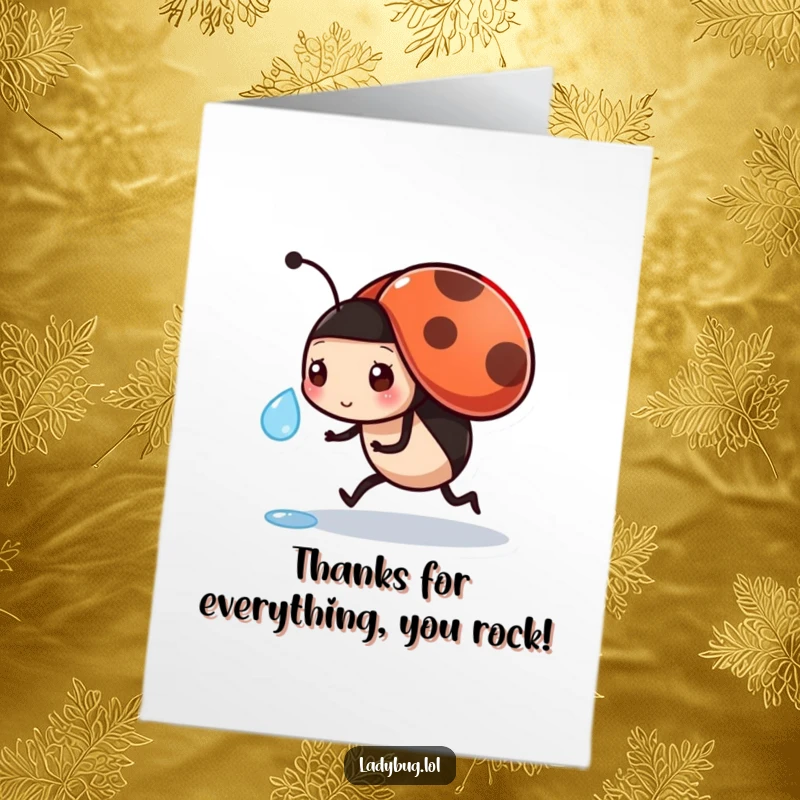 Funny Free Printable ladybug thank you card: a busy character diligently carrying a dewdrop to say thanks.