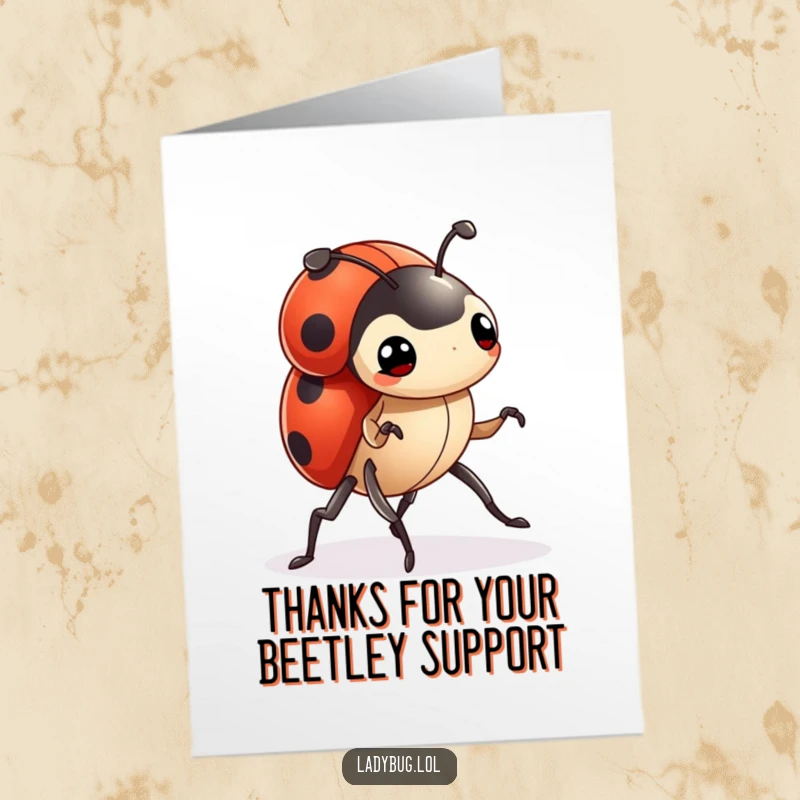 Funny Free Printable Ladybug Thank You Card featuring a tiny ladybug marching with determination, conveying sincere thanks with humor.