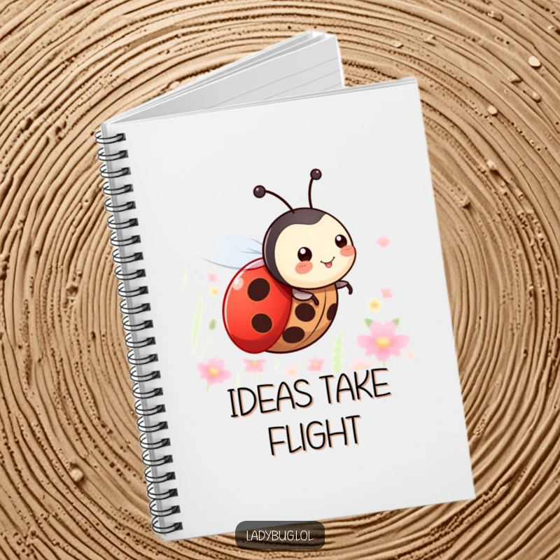Funny notebook illustrating a happy ladybug with tiny wings, happily zooming through the air, ready to capture creative thoughts.