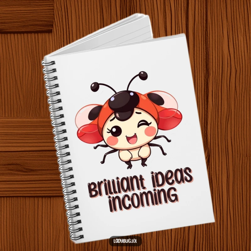 Funny notebook with a smiling ladybug and red wings, designed for capturing happy thoughts and creative ideas.
