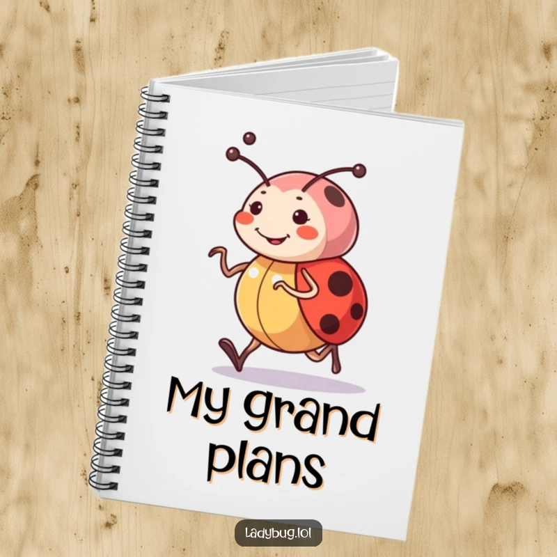Funny notebook with a happy ladybug character jogging determinedly, its antennae signaling cheerful focus for note-taking.