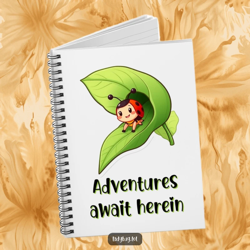 Funny ladybug notebook featuring a cheerful insect character zooming down a leaf like a slide, perfect for journaling adventures.