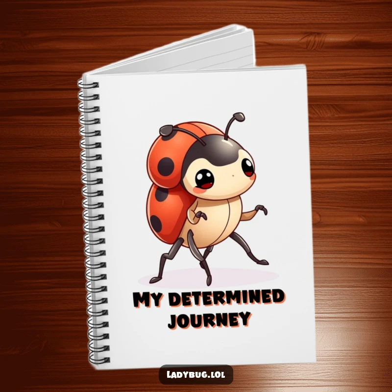Funny ladybug notebook featuring a tiny character marching forward with determined legs, ideal for journaling and goal setting.