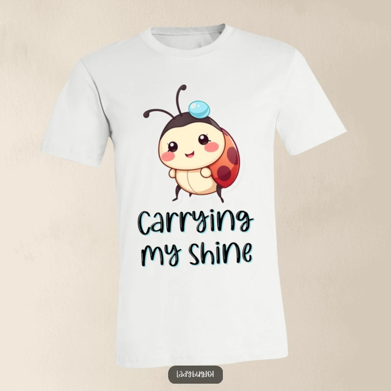 Funny ladybug t-shirt depicting a happy character precariously balancing a shiny dewdrop on its head, full of charm.