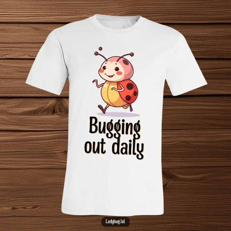 Funny t-shirt with a happy ladybug character determinedly jogging, showing off its antennae and cheerful demeanor for a laugh.