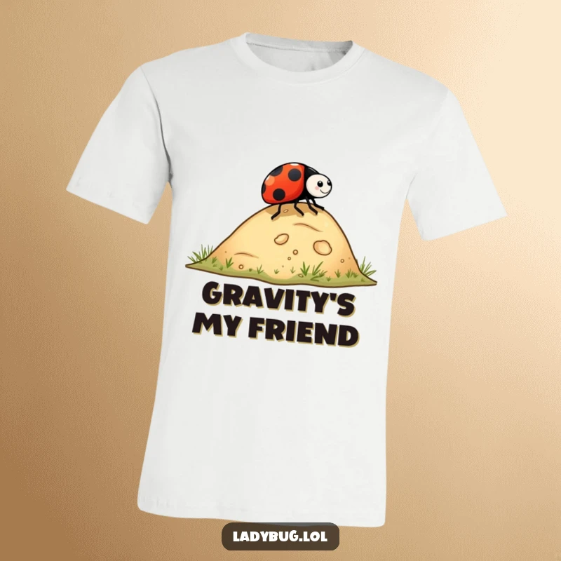Funny ladybug t-shirt depicting a ladybug rolling playfully down a small hill, capturing a moment of carefree adventure.