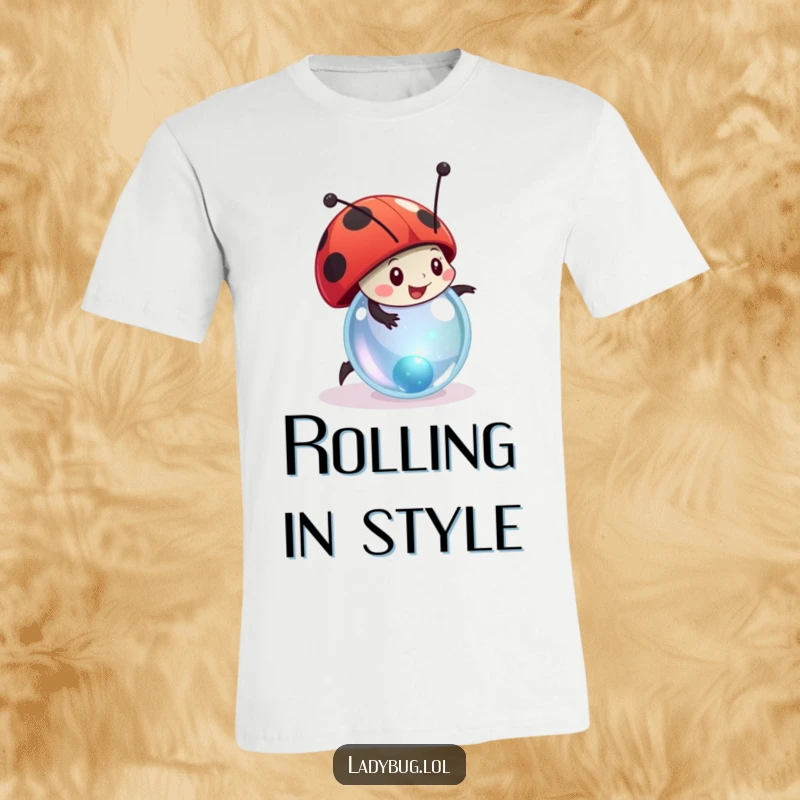 Funny ladybug t-shirt depicting a stylized character gleefully rolling a small, glittering marble, capturing pure joy.