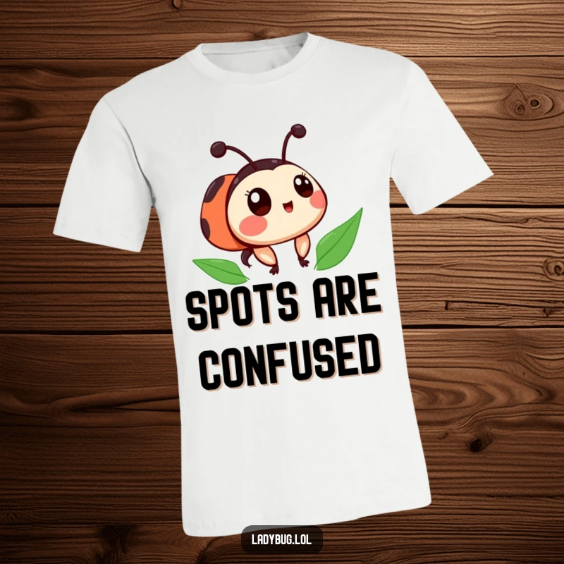 Funny ladybug t-shirt featuring a cute character with slightly askew spots, caught in a moment of charming surprise.