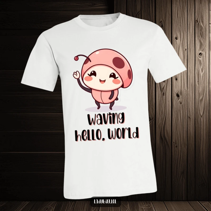 Funny smiling ladybug t-shirt depicts a cheerful bug waving a little leg, symbolizing friendship and joy.