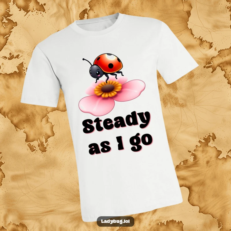 Funny t-shirt with a tiny ladybug gracefully balancing on a flower petal, celebrating poise and lightness.