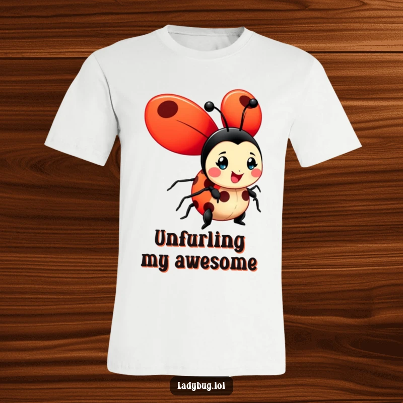 Funny ladybug t-shirt portraying a cheerful character with large, vibrant red wings spread wide, embodying freedom and happiness.