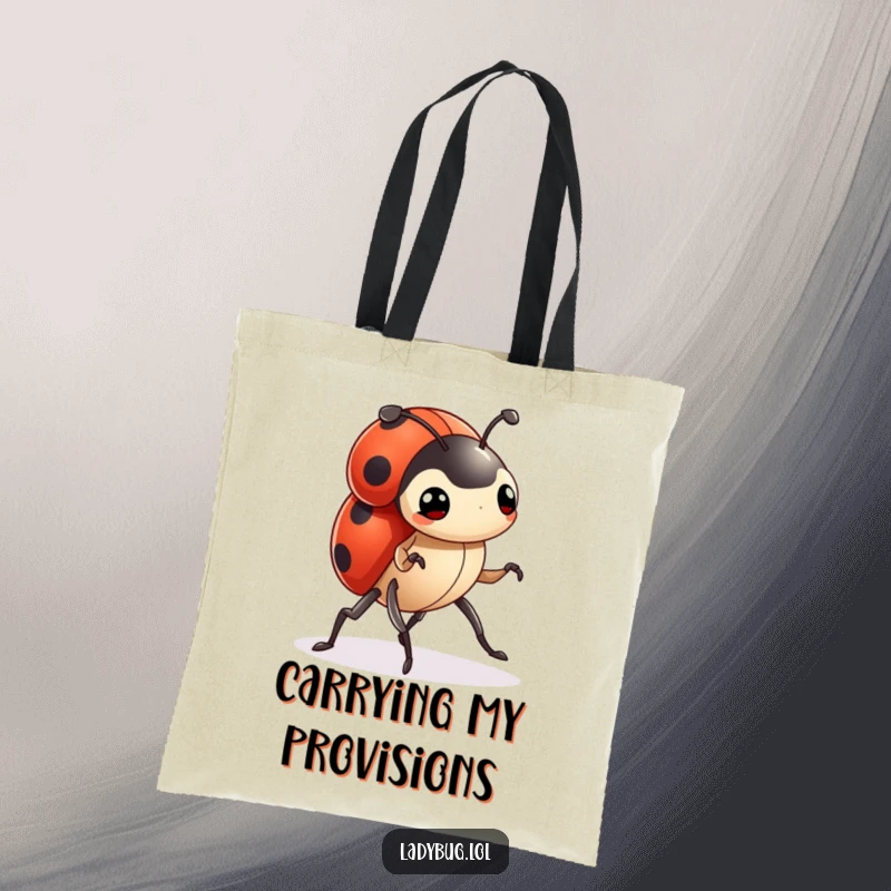 Funny ladybug tote bag featuring a tiny character marching forward with determined legs, perfect for carrying essentials with motivation.