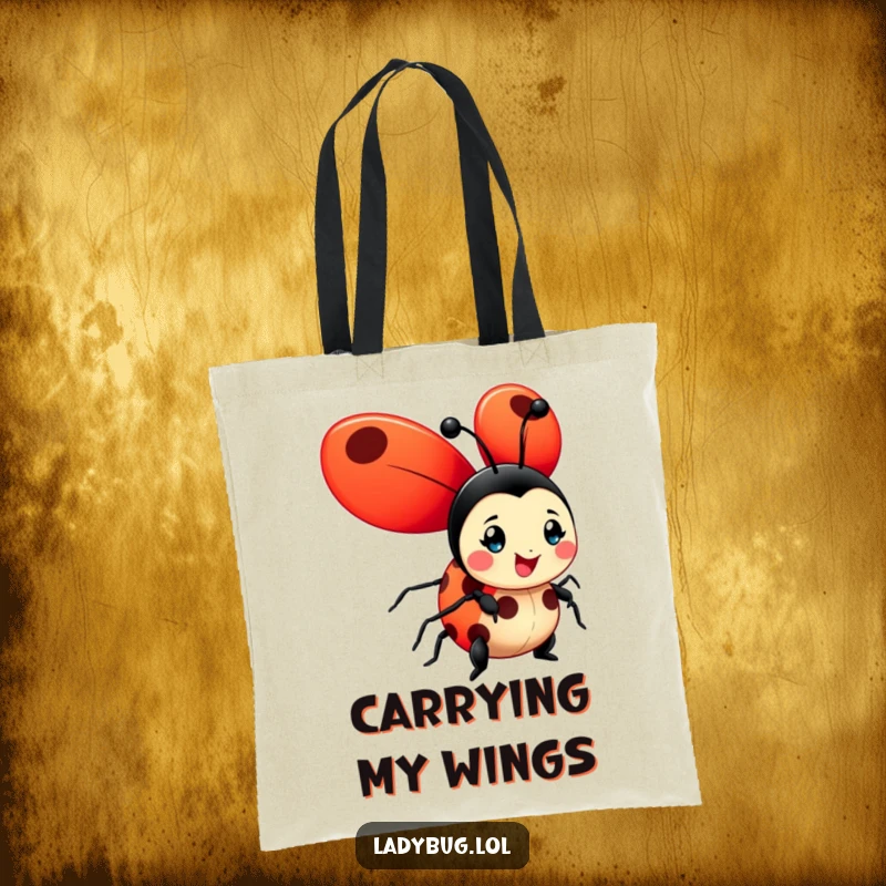 Funny ladybug tote bag featuring a cheerful character with oversized, bright red wings unfurled, ideal for stylish, happy carrying.