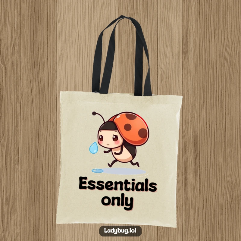Funny tote bag showing a busy ladybug carefully carrying a dewdrop, perfect for errands and daily tasks.