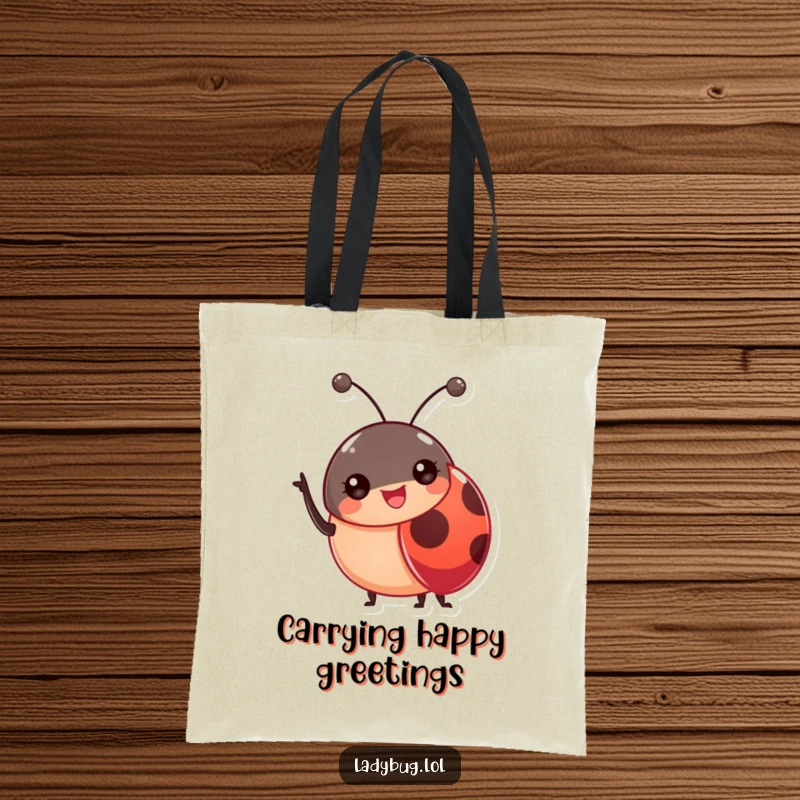 Funny Ladybug Antennae Tote Bag illustrating a cheerful ladybug waving its antennae, ideal for shopping and daily errands.