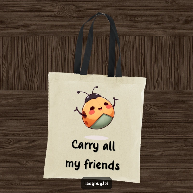 Funny ladybug tote bag showcasing a happy ladybug enthusiastically waving its legs, perfect for carrying essentials with humor.