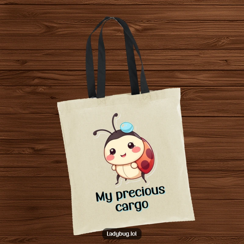 Funny ladybug tote bag showing a happy character balancing a glistening dewdrop on its head, perfect for carrying.