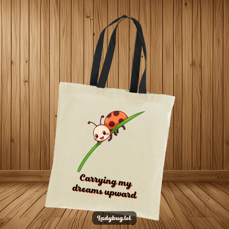 Funny ladybug tote bag depicting a happy insect character enthusiastically climbing a tall blade of grass, symbolizing a journey.