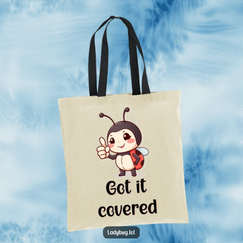 Funny tote bag with a proud ladybug giving a thumbs up, perfect for carrying items and spreading encouragement.