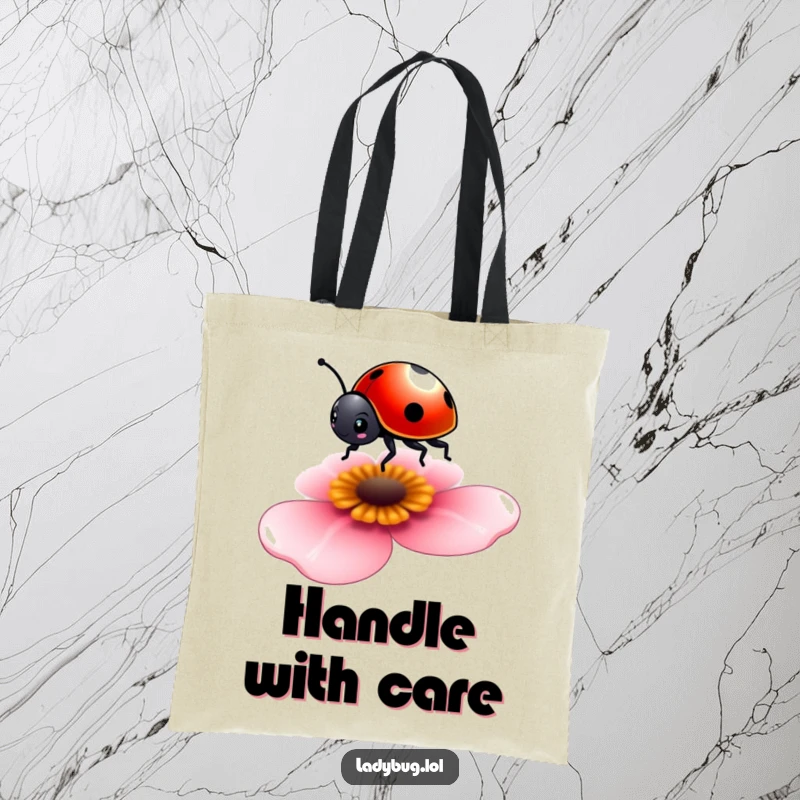 Funny tote bag featuring a tiny ladybug balancing on a flower petal, perfect for carrying daily items with grace.