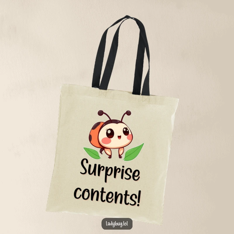 Funny ladybug tote bag featuring a cute character with slightly askew spots, expressing surprise, perfect for daily use.